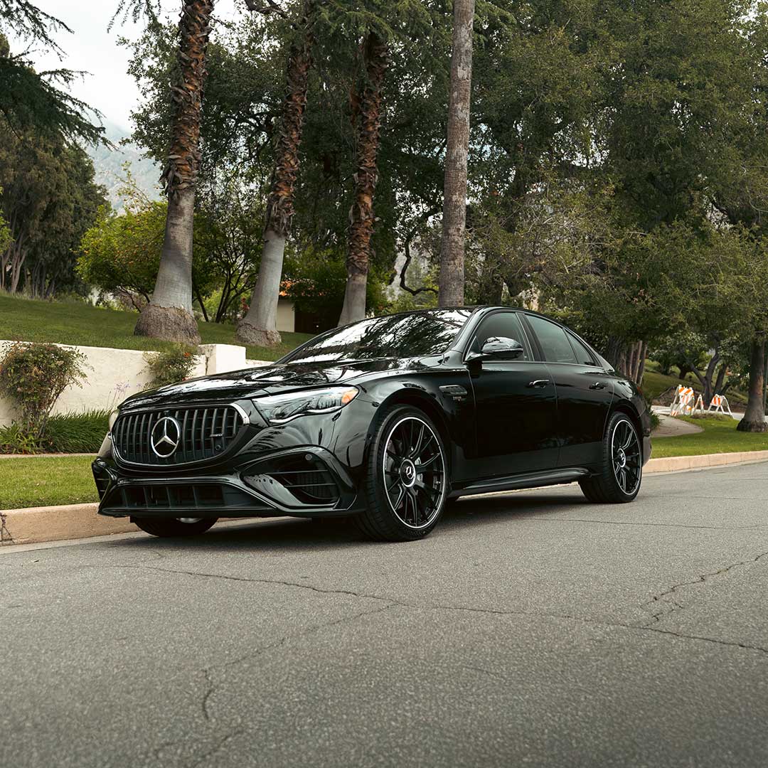 black mercedes-benz amg sedan with performance wheels for car leasing 2025